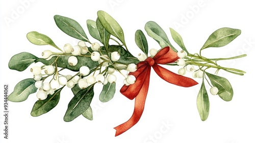 Watercolor illustration of a mistletoe bunch a classic seasonal evergreen plant associated with Christmas and New Year Hand painted design featuring white berries and a red ribbon against a white