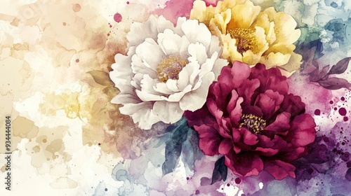 Fototapeta Naklejka Na Ścianę i Meble -  Watercolor illustration featuring ink wash pastel peonies with rainbow smears and alcohol ink motley spots Includes white burgundy yellow and magenta flowers with aquarelle drop blur creating a sp