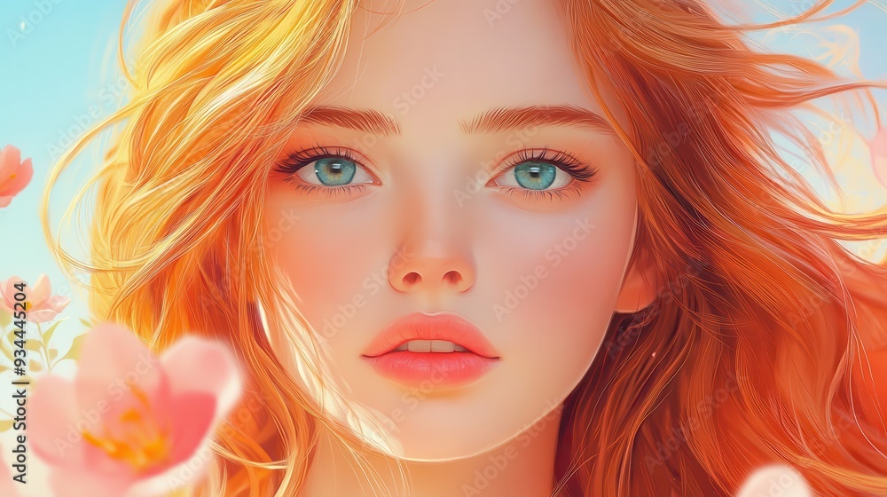 Obraz premium A captivating portrait of a woman with flowing red hair surrounded by blooming flowers, radiating beauty and serenity.