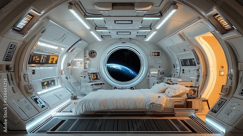 Futuristic Spaceship Cabin with Earth View and Bed Futuristic Spaceship Cabin with Earth View and Bed