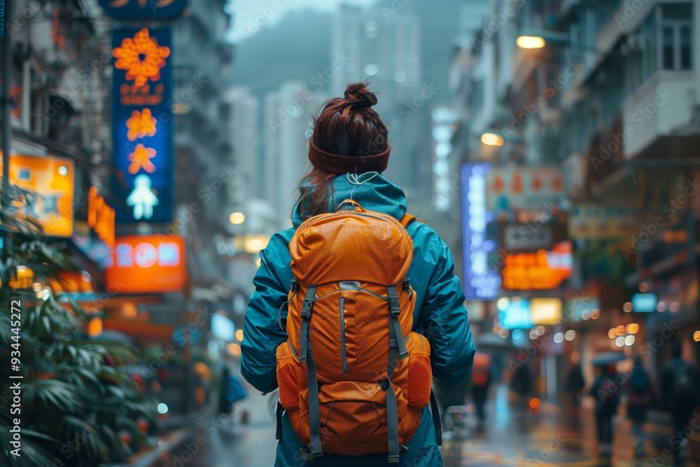 Fototapeta premium Exploring Vibrant City Streets in the Rainy Evening With Backpack in Hand