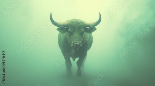 A majestic bull emerges from the mist, showcasing its strength and grace in a mysterious atmosphere.