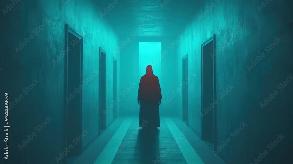 A mysterious figure stands at the end of a dimly lit hallway, enveloped in an eerie blue glow. A mysterious figure stands at the end of a dimly lit hallway, enveloped in an eerie blue glow.