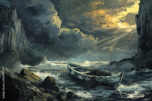 Lonely Rowboat Under a Dramatic Sky