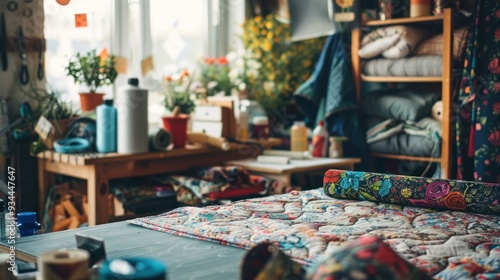 Quilting Table: Quilting supplies with a blank fabric piece