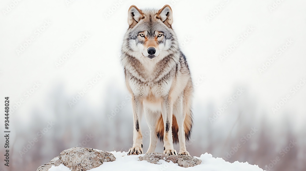 Obraz premium Majestic Gray Wolf Standing on a Snowy Rock