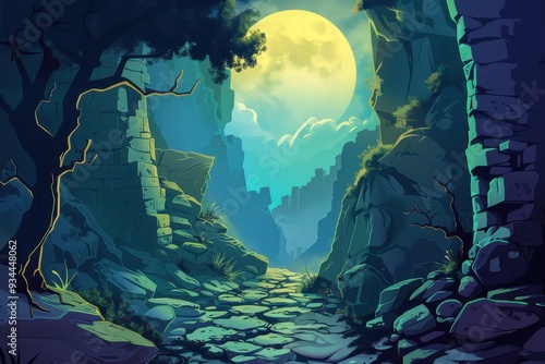 Moonlit Path Through a Stone Gorge