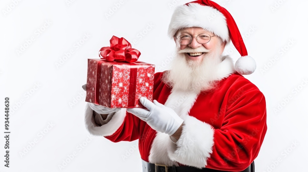 Santa claus with gift box in red suit on white background festive holiday greetings Santa claus with gift box in red suit on white background festive holiday greetings