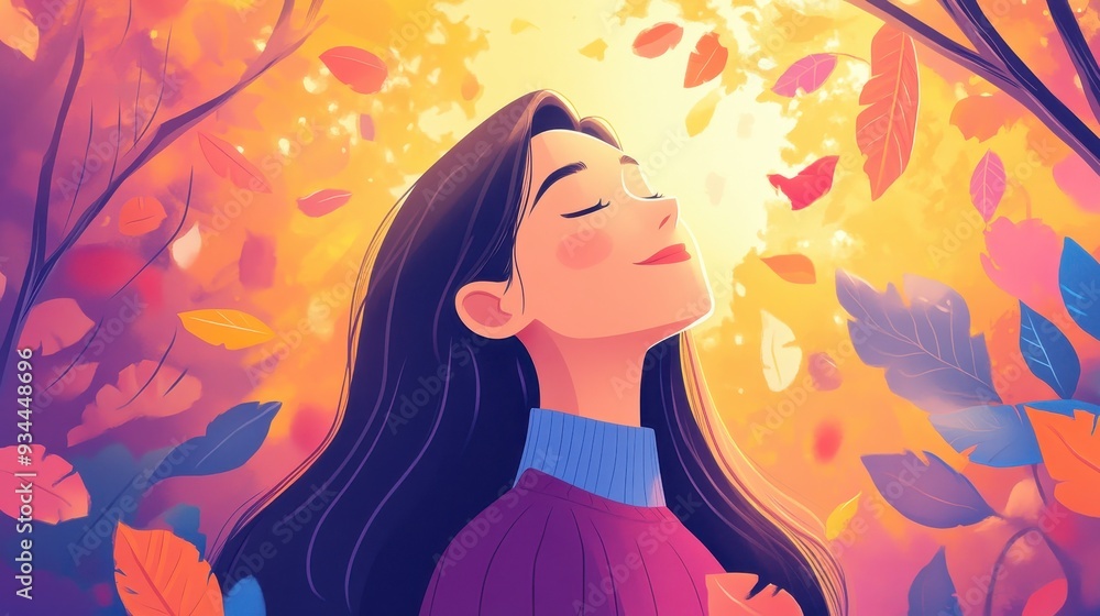 A serene woman enjoying nature's beauty during autumn, surrounded by colorful leaves and a warm golden glow. A serene woman enjoying nature's beauty during autumn, surrounded by colorful leaves and a warm golden glow.