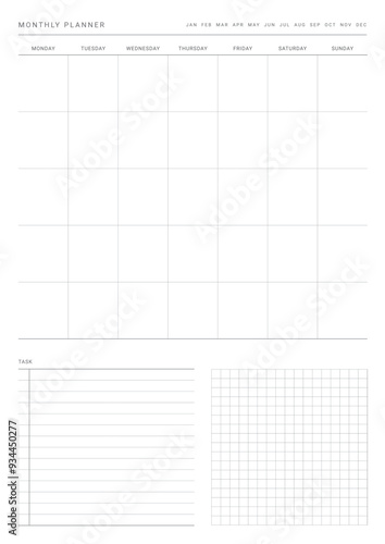 A monthly plan template with a simple and minimal style. Note, scheduler, diary, calendar planner document template illustration.