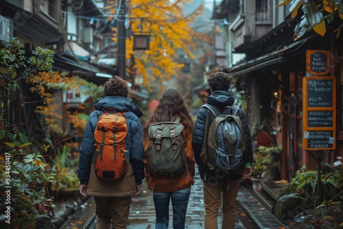 Three Travelers Exploring a Narrow Street Surrounded by Traditional Shops and Autumn Leaves in Historic Town