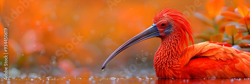 Amazon Scarlet Ibis head, showcasing its beak and feathers photo