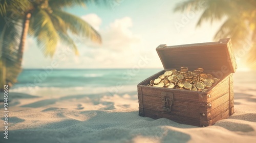 A treasure chest filled with gold coins on a sandy beach, surrounded by palm trees and the ocean in the background.