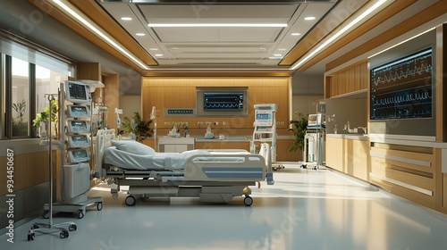 An image of a modern hospital room equipped with advanced medical devices, including a ventilator, IV stand, and patient monitoring systems, highlighting the critical equipment used in patient care