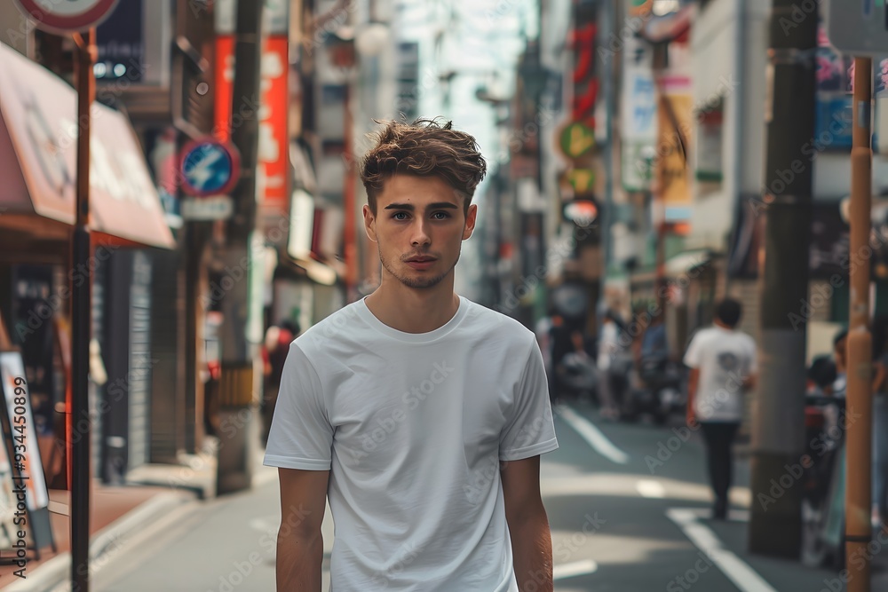 Handsome European man wearing a plain white T-shirt, standing in front of the streets of Japan Handsome European man wearing a plain white T-shirt, standing in front of the streets of Japan