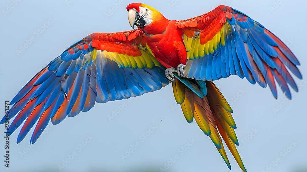 Obraz premium Amazon Scarlet Macaw in flight, its wings creating a blur of colors against a clear sky