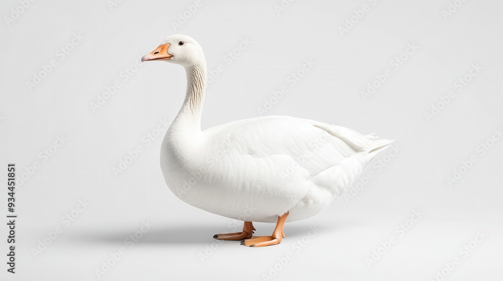 A white goose gracefully standing on a plain background, showcasing its elegant posture and features. A white goose gracefully standing on a plain background, showcasing its elegant posture and features.