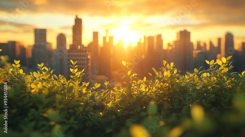 Golden Hour Sunset Cityscape with Green Foliage