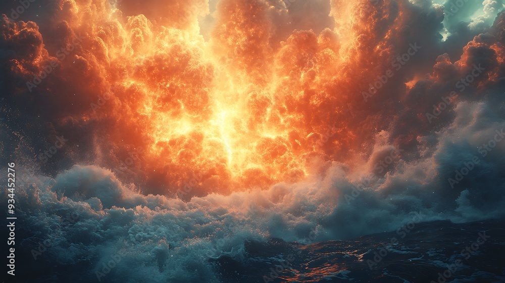 Dramatic, fiery sunset sky with swirling clouds and light breaking through. Dramatic, fiery sunset sky with swirling clouds and light breaking through.