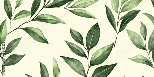 Seamless pattern of watercolor green tea leaves on beige background, nature botanical illustration