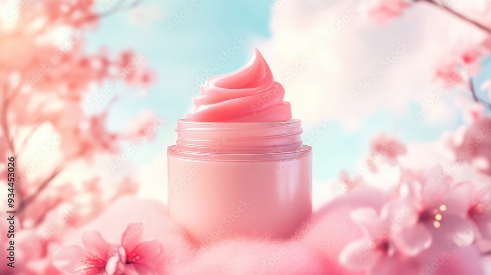 Beautiful pink cream nestled among delicate cherry blossoms, under a dreamy sky, perfect for cosmetic and skincare themes. Beautiful pink cream nestled among delicate cherry blossoms, under a dreamy sky, perfect for cosmetic and skincare themes.