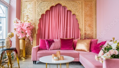  interior room with a pink and gold color scheme. There is a large, ornate gold wall paneling with intricate designs, and in front of it stands a pink sofa with matching pink cushions, arabic design,