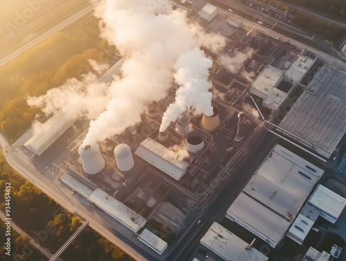 Aerial View of Industrialized City with Smoking Chimneys Highlighting Need for Sustainable Energy and Emission Control Solutions photo