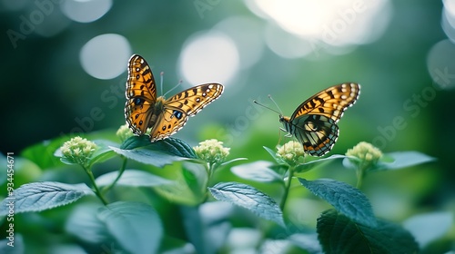 Two Beautiful Butterflies on Green Leaves