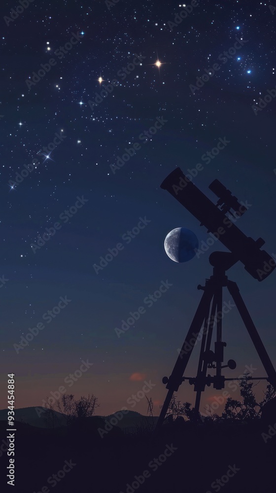 Telescope pointed at night sky with crescent moon. Telescope pointed at night sky with crescent moon.