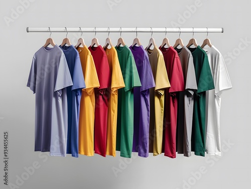 Multiple plain t-shirts in different colors hanging side by side on a clothing rack against a minimalist background