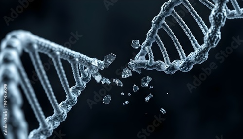 Detailed 3d rendering of DNA strand. DNA breaking due to genetic mutations. photo