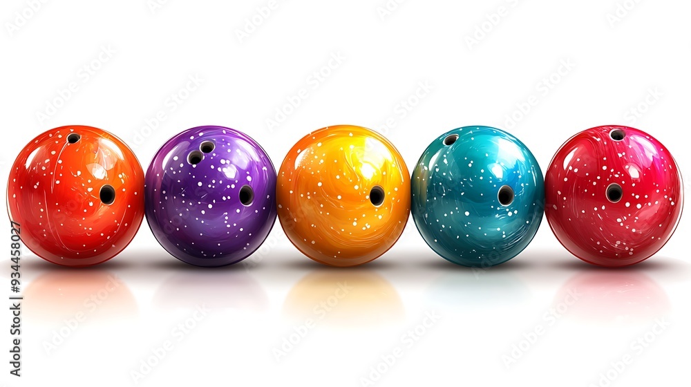 Five colorful bowling balls in a row with reflections on a white background. Five colorful bowling balls in a row with reflections on a white background.