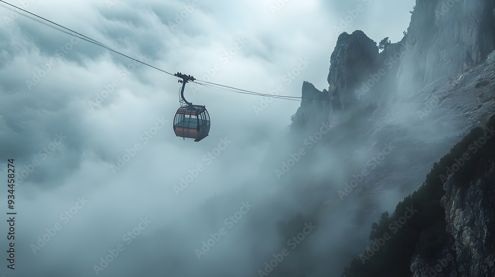 Cable car in the fog and the snowy mountain Cable car in the fog and the snowy mountain