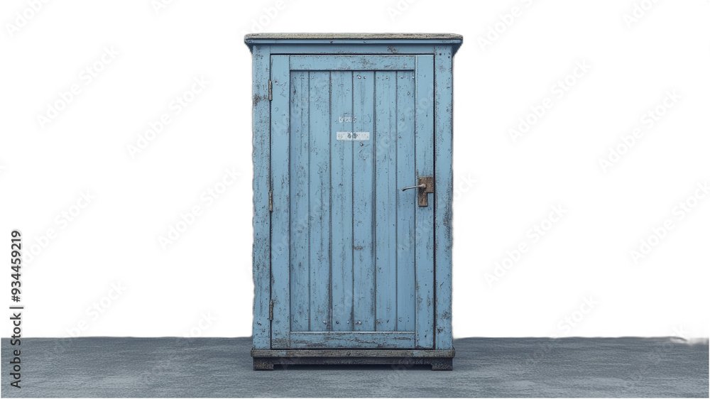 A weathered wooden cabinet with a single door and a rusted lock A weathered wooden cabinet with a single door and a rusted lock