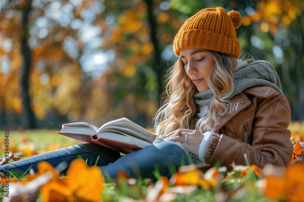Young Woman Reading Book While Sitting Among Colorful Autumn Leaves in Park