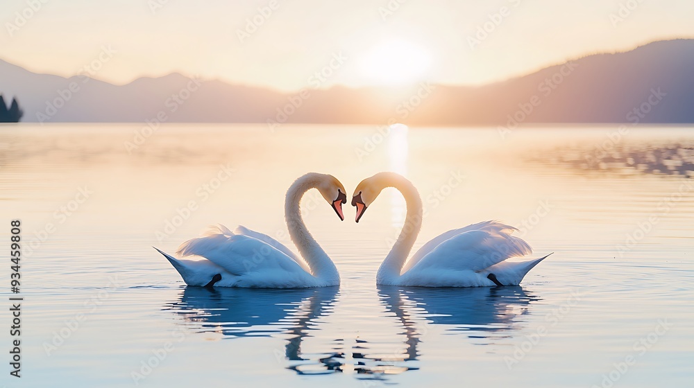 Fototapeta premium Two Swans in Love at Sunrise on a Mountain Lake