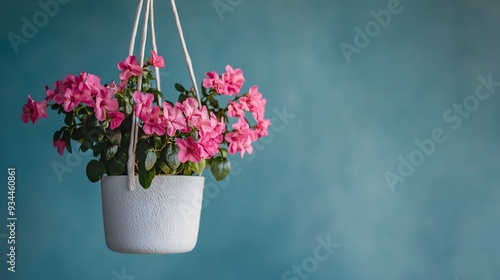 Pink petaled flower plant inside white hanging pot
 photo