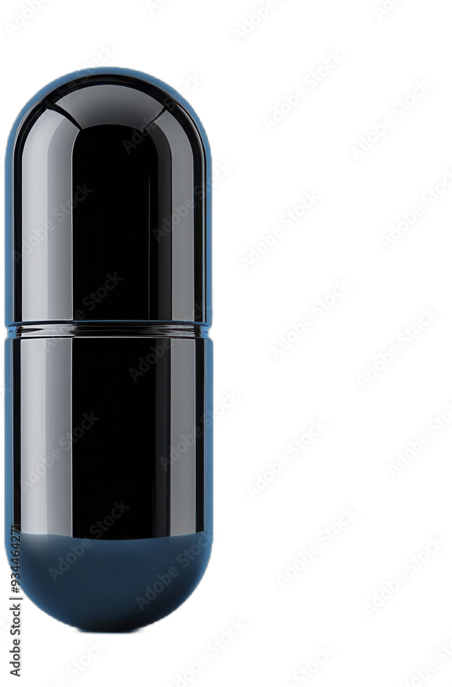 A large shiny black capsule stands upright against a smooth surface A large shiny black capsule stands upright against a smooth surface