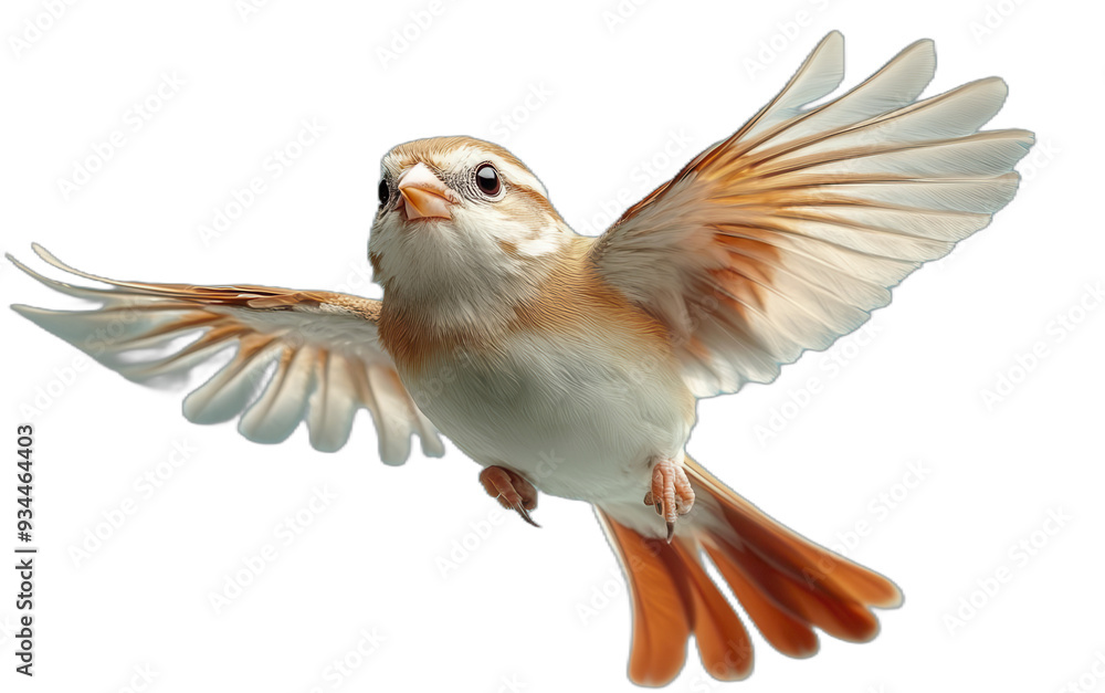 A small bird with orange and white feathers spreads its wings in flight A small bird with orange and white feathers spreads its wings in flight