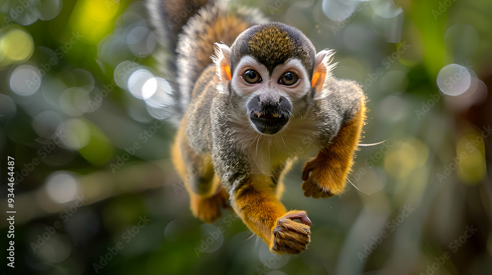 Obraz premium Amazon Squirrel Monkey jumping between branches, its agile movements captured mid-air