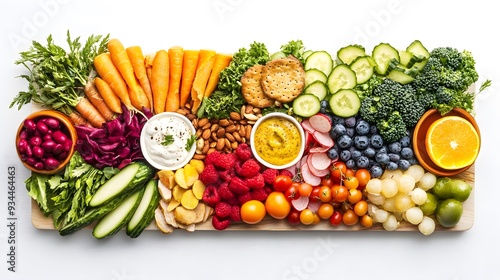 A top-down view of a beautifully arranged vegetarian charcuterie board on a white background, featuring an assortment of colorful vegetables, fruits, nuts, and plant-based dips, creating a vibrant dis