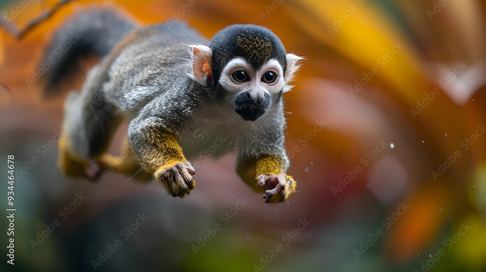 Fototapeta premium Amazon Squirrel Monkey jumping between branches, its agile movements captured mid-air