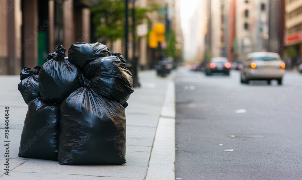 Obraz premium Black trash bags are piled on the edge of an urban street, lining the sidewalk. The glossy surfaces of the bags reflect the streetlights, adding contrast to the gritty city environment.