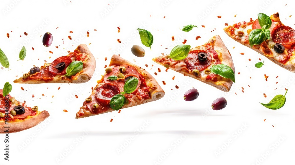 Four slices of pepperoni pizza with green olives and basil leaves are flying in mid-air against a white background, sprinkled with oregano. Four slices of pepperoni pizza with green olives and basil leaves are flying in mid-air against a white background, sprinkled with oregano.