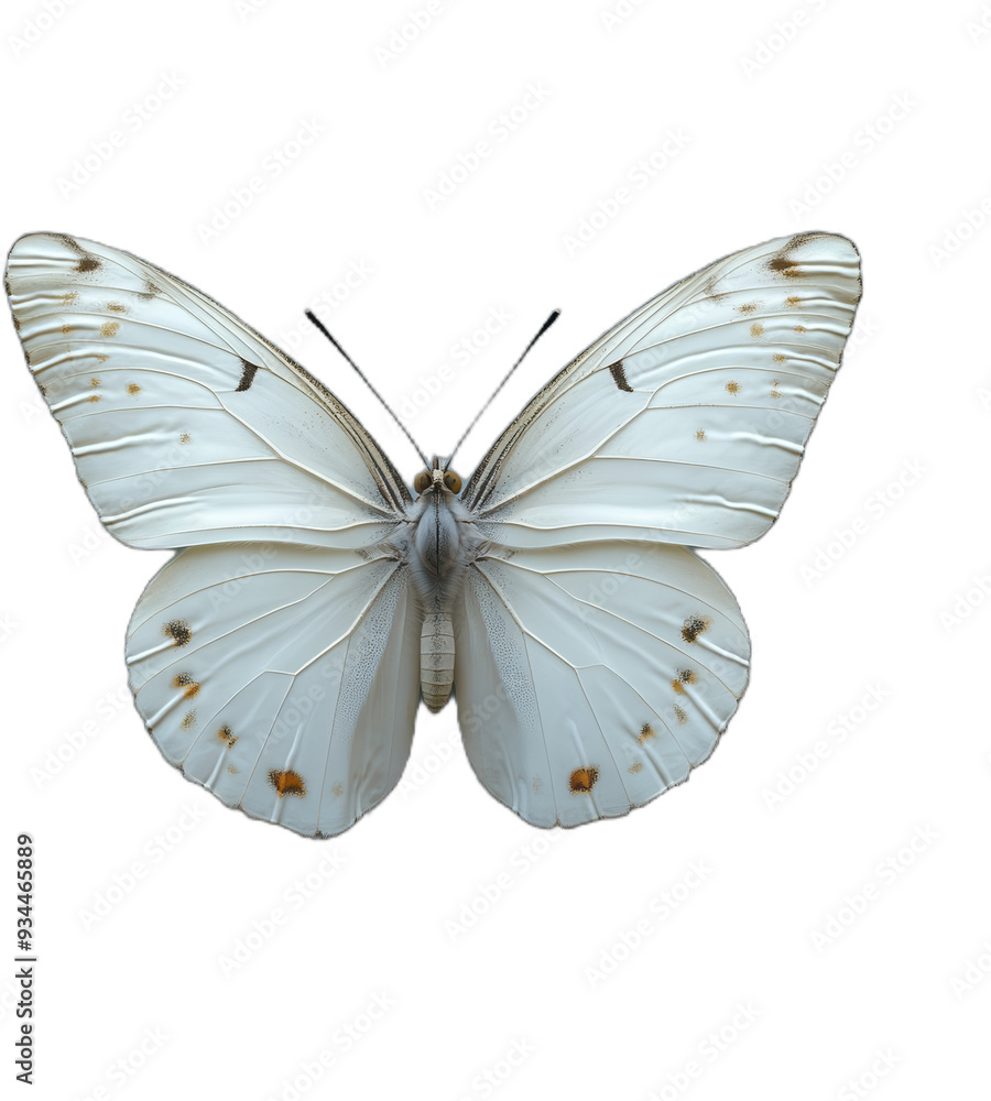 A white butterfly with brown markings wings spread open A white butterfly with brown markings wings spread open