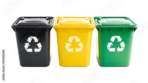 Collection of three recycling bins in different colors (black, green and yellow) isolated on a white background