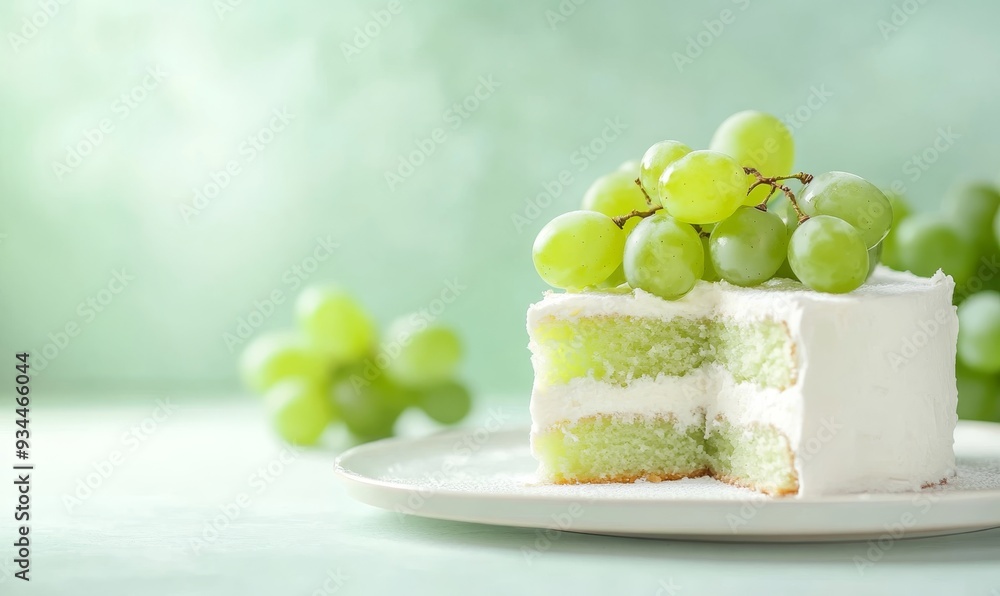 Close-up of a green grape cake served as dessert on a blurred background. Delicious juicy grape cake in a blurred park. Close-up of a green grape cake served as dessert on a blurred background. Delicious juicy grape cake in a blurred park.