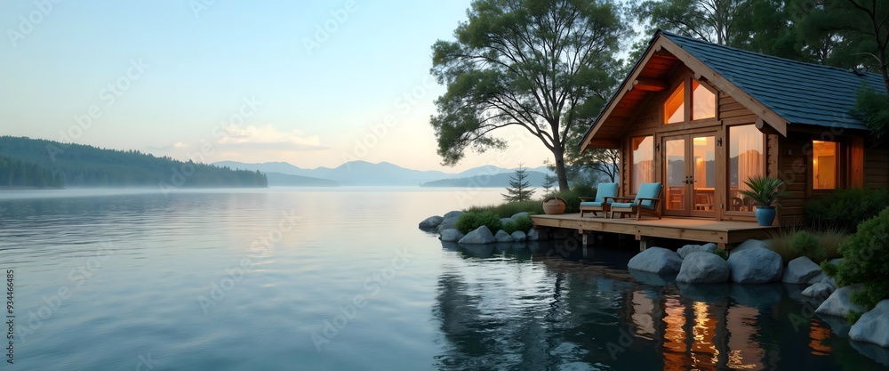 Fototapeta premium Serene Lakehouse Cozy Cabin with Lakeside Views