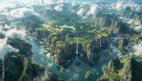 Aerial View of Majestic Landscapes with Waterfalls and Clouds