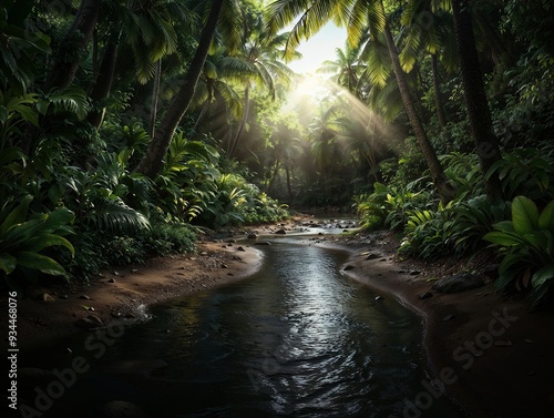 Sunlit Jungle Stream with Lush Greenery and Palm Trees at Dawn